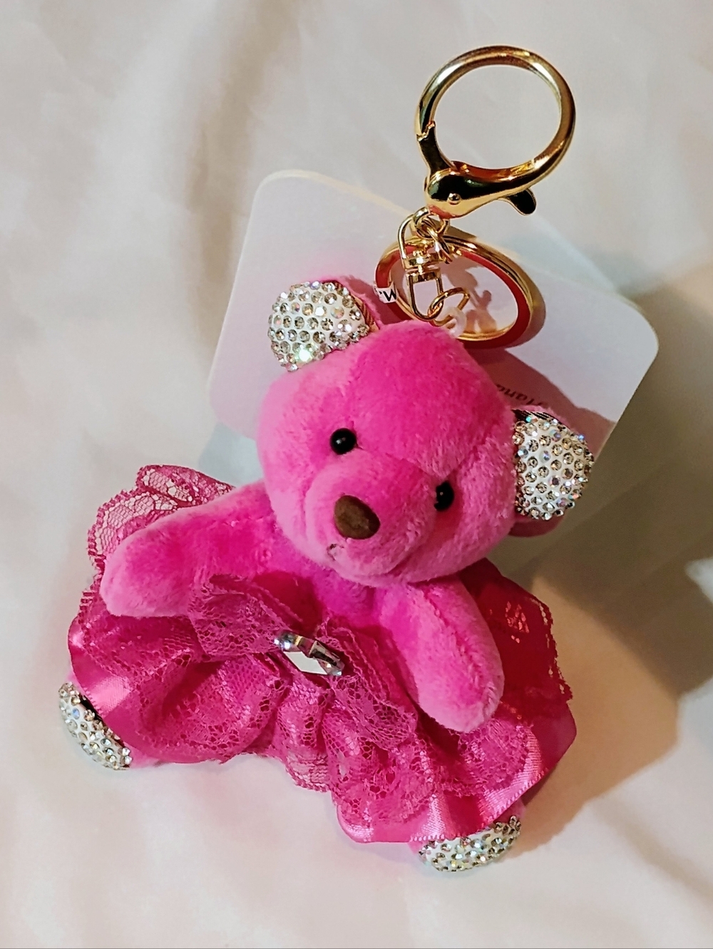 Natasha Couture Hot Pink Plush Bear Keychain with Gold Hardware